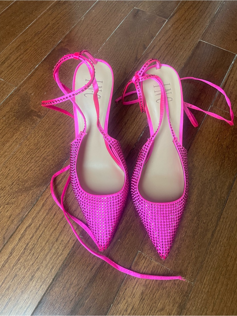 INC International Concepts Hot Pink Rhinestone Lace-Up Pointed Heels - Picture 1 of 5
